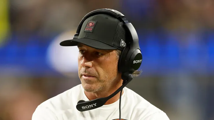 Kyle Shanahan calls a timeout during overtime vs the Rams on October 02, 2025 in Inglewood.
