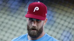 Bryce Harper looks on during batting practice prior to game three of the NLDS on October 08, 2025 in Los Angeles.