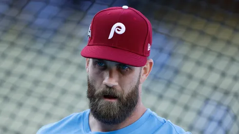 Bryce Harper looks on during batting practice prior to game three of the NLDS on October 08, 2025 in Los Angeles.