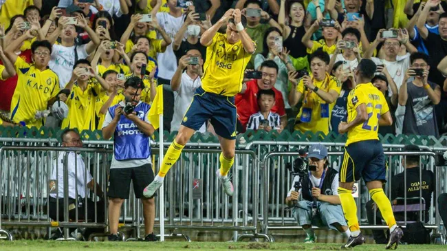 Cristiano Ronaldo of Al-Nassr celebrates after scoring his goal during the Saudi Super Cup final. Yu Chun Christopher Wong/Eurasia Sport Images/Getty Images