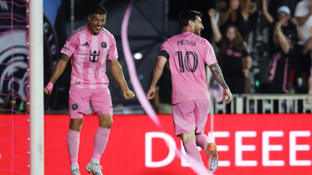 Lionel Messi celebrates with Luis Suarez after scoring Inter Miami’s first goal. (Getty Images)