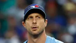Max Scherzer looks on during the 1st inning vs the Mariners on October 16, 2025 in Seattle.