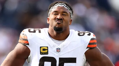 Myles Garrett #95 of the Cleveland Browns looks on.