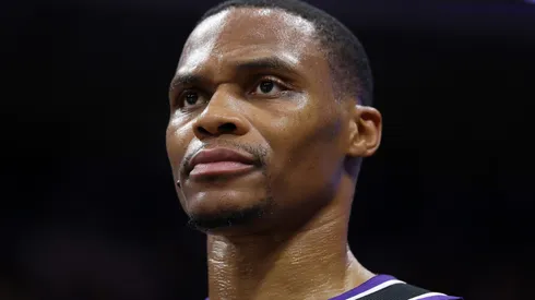 Russell Westbrook #18 of the Sacramento Kings stands on the court.