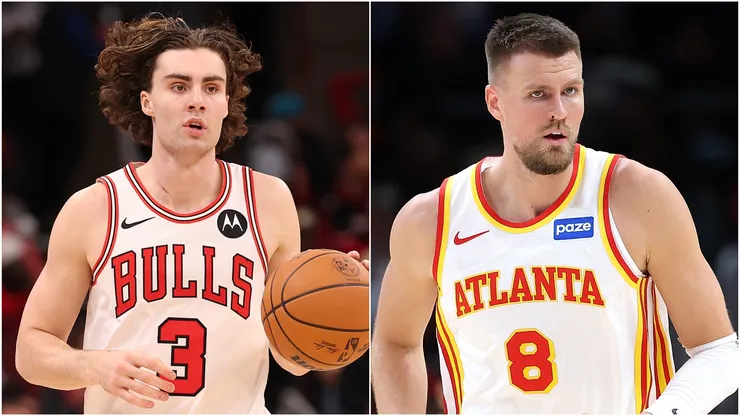 Josh Giddey of Chicago Bulls and Kristaps Porzingis of Atlanta Hawks.
