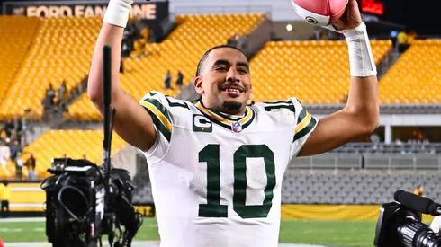 Jordan Love #10 of the Green Bay Packers celebrates.