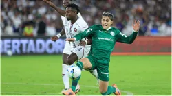 Leonel Quiñonez of LDU de Quito is challenged by Ramon Sosa of Palmeiras