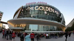 An exterior view shows fans waiting for T-Mobile Arena to open before a game in 2023.
