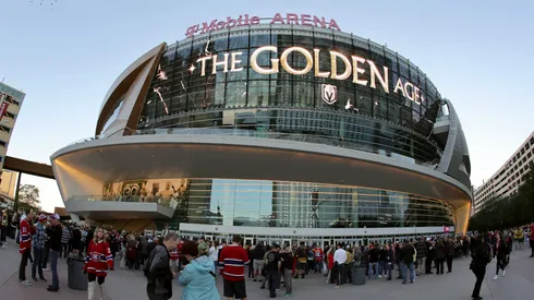 An exterior view shows fans waiting for T-Mobile Arena to open before a game in 2023.