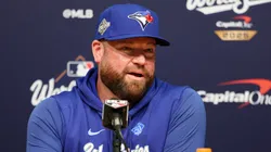 John Schneider speaks to the media before game three of the 2025 World Series on October 27, 2025, California.