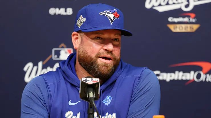 John Schneider speaks to the media before game three of the 2025 World Series on October 27, 2025, California.
