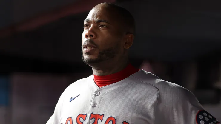 Aroldis Chapman #44 of the Boston Red Sox looks on.