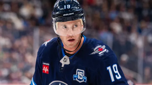 Jonathan Toews at Canada Life Centre on October 9, 2025 in Winnipeg, Canada