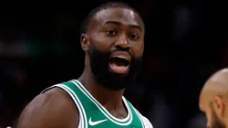 Jaylen Brown #7 of the Boston Celtics reacts to a call.