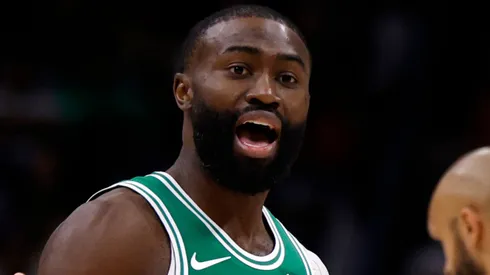 Jaylen Brown #7 of the Boston Celtics reacts to a call.