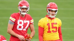 Patrick Mahomes #15 and Travis Kelce #87 of the Kansas City Chiefs warm up.