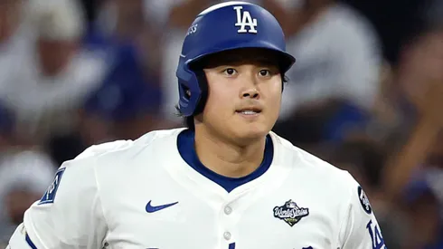 Shohei Ohtani #17 of the Los Angeles Dodgers reacts after grouding out.