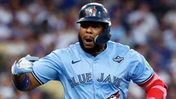Vladimir Guerrero Jr. #27 of the Toronto Blue Jays celebrates after hitting a two-run home run.