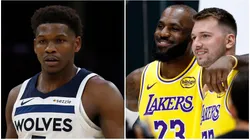 Anthony Edwards, LeBron James and Luka Doncic look on.