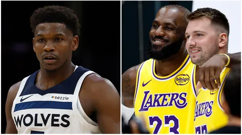 Anthony Edwards, LeBron James and Luka Doncic look on.