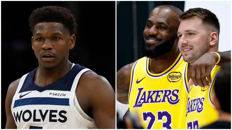 Anthony Edwards, LeBron James and Luka Doncic look on.