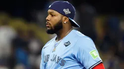 Vladimir Guerrero Jr. #27 of the Toronto Blue Jays reacts.