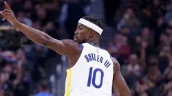 Jimmy Butler III #10 of the Golden State Warriors reacts.