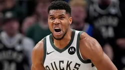 Giannis Antetokounmpo #34 of the Milwaukee Bucks reacts.