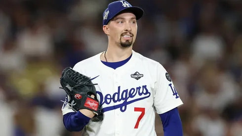 : Blake Snell #7 of the Los Angeles Dodgers reacts during the fifth inning.