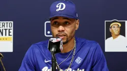 Mookie Betts #50 of the Los Angeles Dodgers speaks to the media.