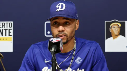 Mookie Betts #50 of the Los Angeles Dodgers speaks to the media.