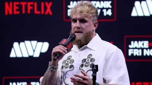 Jake Paul speaks at a news conference.