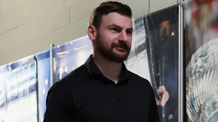 Zach Hyman arrives for Game 4 of the 2025 Stanley Cup Final vs Panthers.