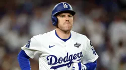 Freddie Freeman #5 of the Los Angeles Dodgers advances to first base.