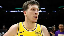 Austin Reaves #15 of the Los Angeles Lakers celebrates.