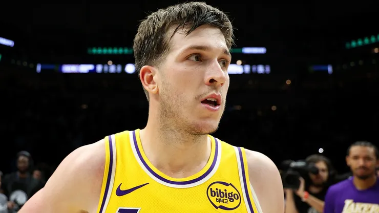 Austin Reaves #15 of the Los Angeles Lakers celebrates.