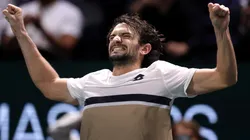 Valentin Vacherot celebrates after defeating Cameron Norrie at Paris Masters.