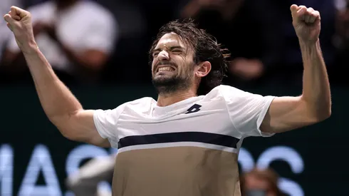 Valentin Vacherot celebrates after defeating Cameron Norrie at Paris Masters.