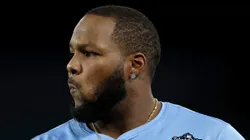 Vladimir Guerrero Jr. reacts after grounding into a double play in the 2025 World Series on October 29, 2025 in Los Angeles.