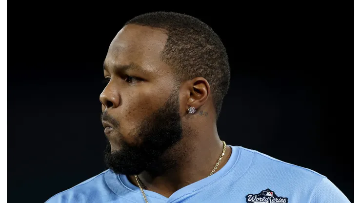 Vladimir Guerrero Jr. reacts after grounding into a double play in the 2025 World Series on October 29, 2025 in Los Angeles.