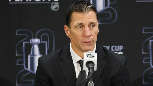 Head coach Rod Brind'Amour of the Carolina Hurricanes speaks with the media.