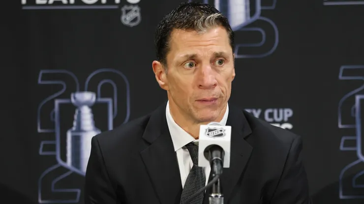 Head coach Rod Brind'Amour of the Carolina Hurricanes speaks with the media.