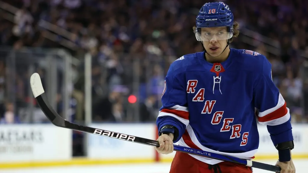 Artemi Panarin #10 of the Rangers in action during the game against the Sharks. Sarah Stier/Getty Images