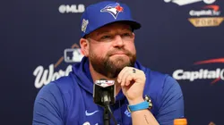Manager John Schneider #14 of the Toronto Blue Jays speaks to the media.