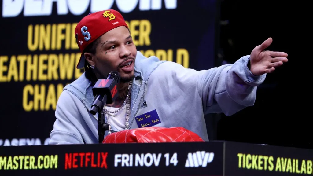 Gervonta “Tank” Davis speaks at news conference about his exhibition match with Jake Paul. Leonardo Fernandez/Getty Images