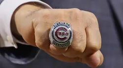 GM Jed Hoyer of the Chicago Cubs show off the World Series ring on April 12, 2017 in Chicago, Illinois.