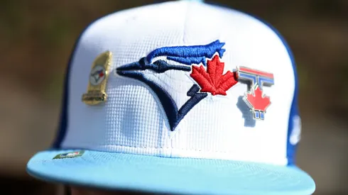 Toronto Blue Jays hat with pins on March 27, 2025 in Toronto, Ontario.