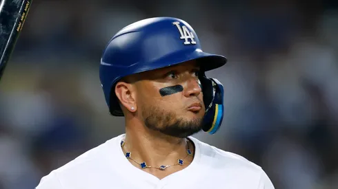 Miguel Rojas reacts to his strike out on August 04, 2025 in Los Angeles, California.