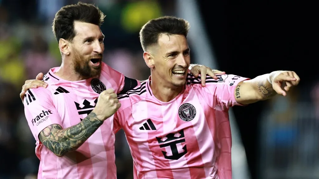 Tadeo Allende #21 of Inter Miami celebrates after scoring the team’s second goal with teammate Lionel Messi #10. Carmen Mandato/Getty Images