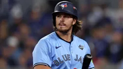 Addison Barger #47 of the Toronto Blue Jays looks on after striking out.
